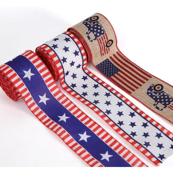 Twfbrm 4th of July Patriotic Ribbon Rolls, 2.5" x 5 Yards Stars and Stripes Wired Edge Ribbon, Red White and Blue Burlap Ribbon Independence Day Decorative Wrapping Ribbon for DIY Crafts Gift Wrapping