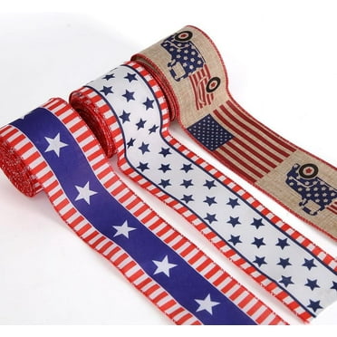Twfbrm 4th of July Patriotic Ribbon Rolls, 2.5" x 5 Yards Stars and Stripes Wired Edge Ribbon, Red White and Blue Burlap Ribbon Independence Day Decorative Wrapping Ribbon for DIY Crafts Gift Wrapping
