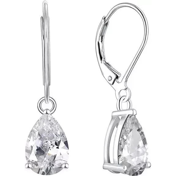 Om Jewels Solitaire 2 CT Pear Cut White Moissanite Drop/Dangle Women Earrings 14K White Gold Plated