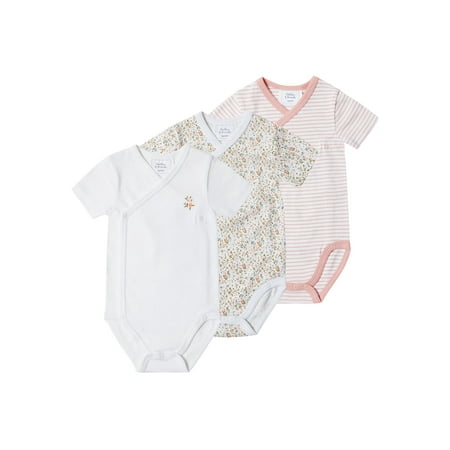 

Stellou & Friends Unisex Short Sleeve Crossbody Side Snap One-Piece Cotton Bodysuit - 3-Pack (Pink Florals and Stripes 0-3 Months)