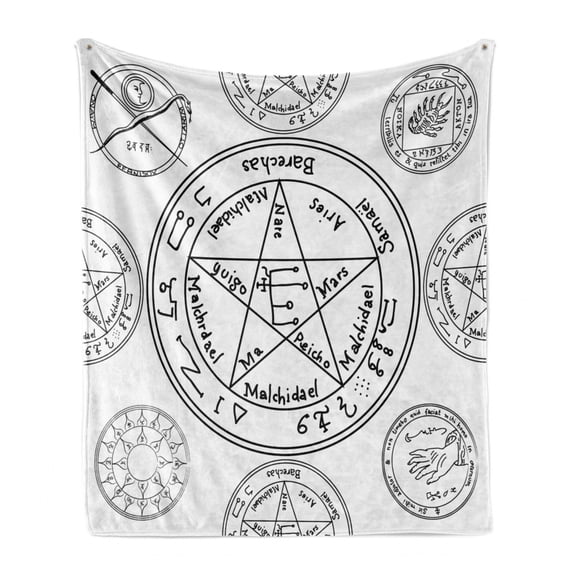 Pentacle Soft Flannel Fleece Throw Blanket, Occult Style Concept Educational Black and White Geometric Forms and Texts, Cozy Plush for Indoor and Outdoor Use, 50" x 60", Black and White, by Ambesonne