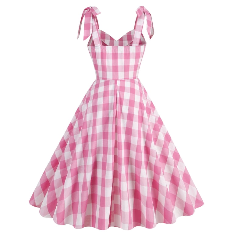 Pink Plaid Dress for Women Teens Holiday Party Fashion Sleeveless V Neck Cocktail Evening Swing Gowns Cute Dress (Medium, Pink)