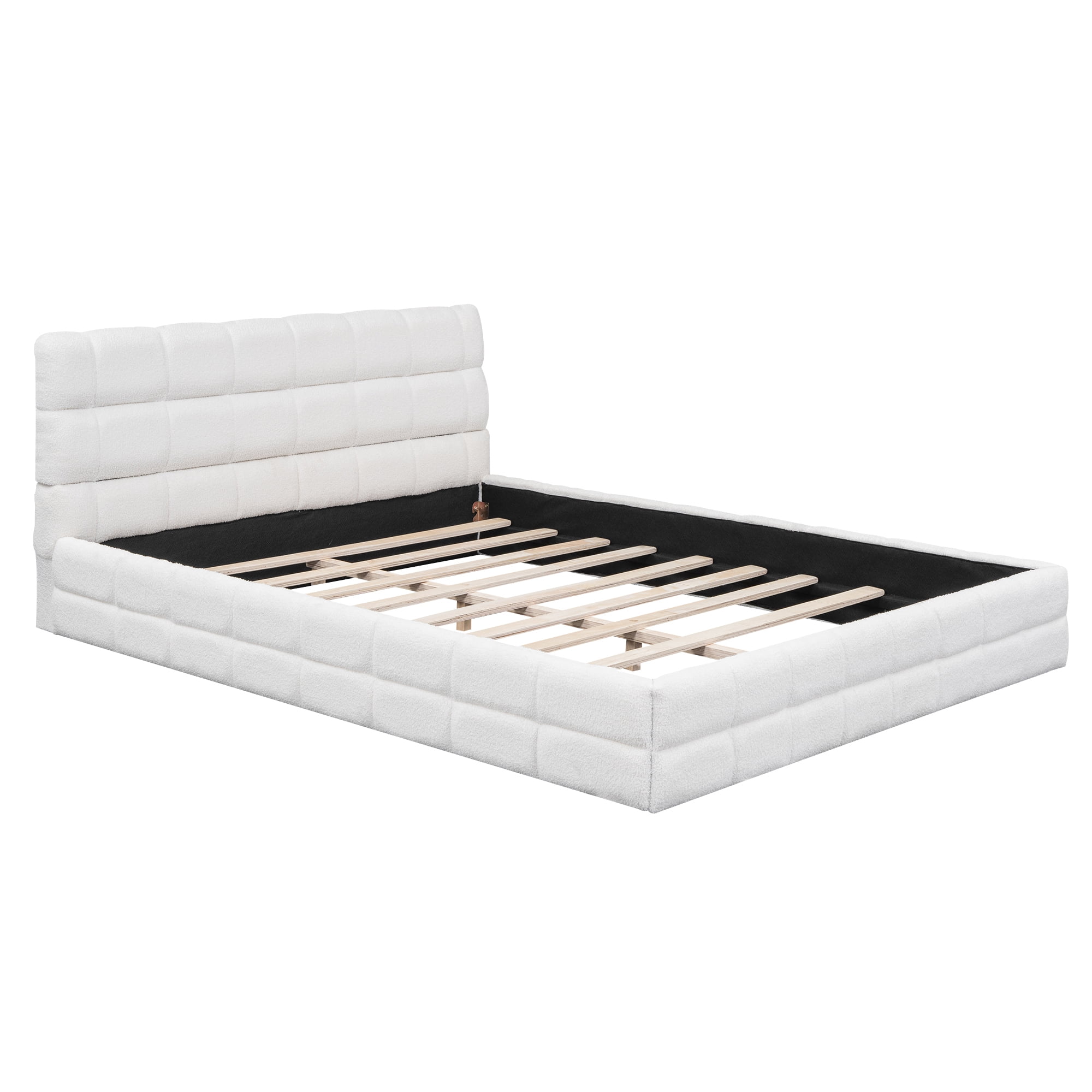 Euroco Upholstered Queen Size Platform Bed with Tuft Headboard, White