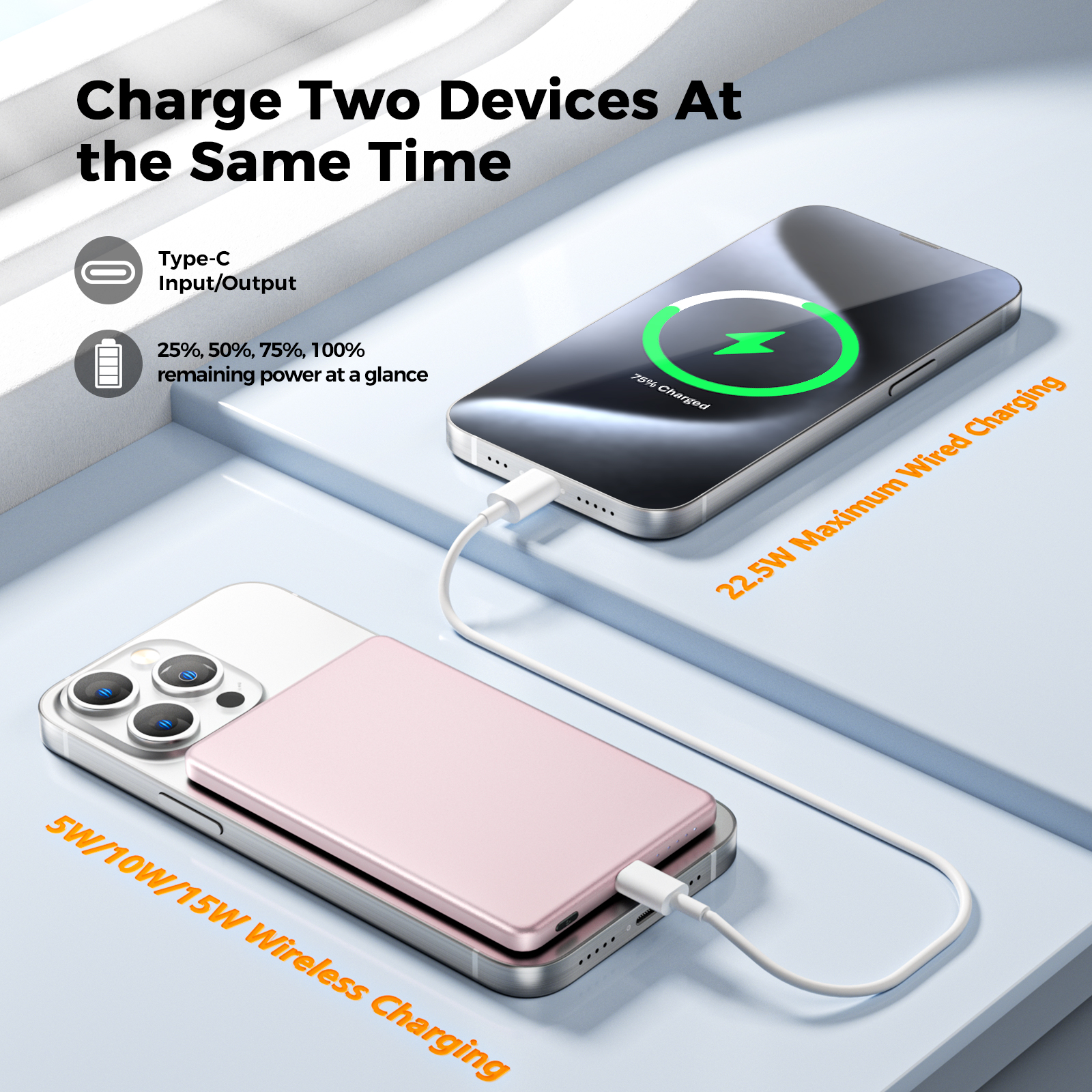 0.3" Ultra Slim MagSafe Portable Charger iPhone, 5000mAh Magnetic Wireless Portable Charger with Fast Charging, Slim MagSafe Battery Pack for iPhone 16 Pro Max/16 Pro/16/15/14/13/12, Pink