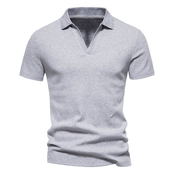 Qgtaibl Cotton Shirt for Men Collared V-Neck Short Sleeve T-Shirt Solid Color Everyday Work Tee Summer Pullover Tops Gray,M