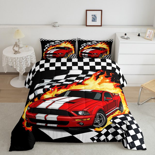 Erosebridal Cartoon Racing Car Bedding Sets Queen with Comforter, Checkered Flag Duvet Insert, Geometric Decor, Reversible 3pcs