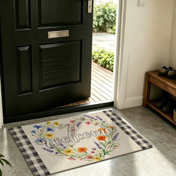 Front Door Mat Indoor Outdoor Country Wildflower Heart Shape Non-Slip Doormat Low Profile Patio Porch Entryway Rug 16x24in Vintage Linen Buffalo Check