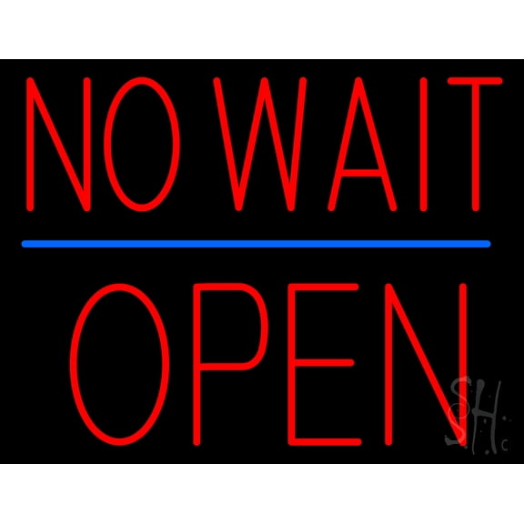 Red No Wait Block Open LED Neon Sign 15 x 19 - inches, Clear Edge Cut Acrylic Backing, with Dimmer - Bright and Premium built indoor LED Neon Sign for Bar decor.