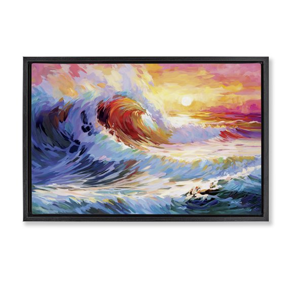 Stupell Industries Sunrise over Ocean Wave Nautical & Beach Painting Black Floater Framed Canvas Art Print Wall Art, 25 x 17