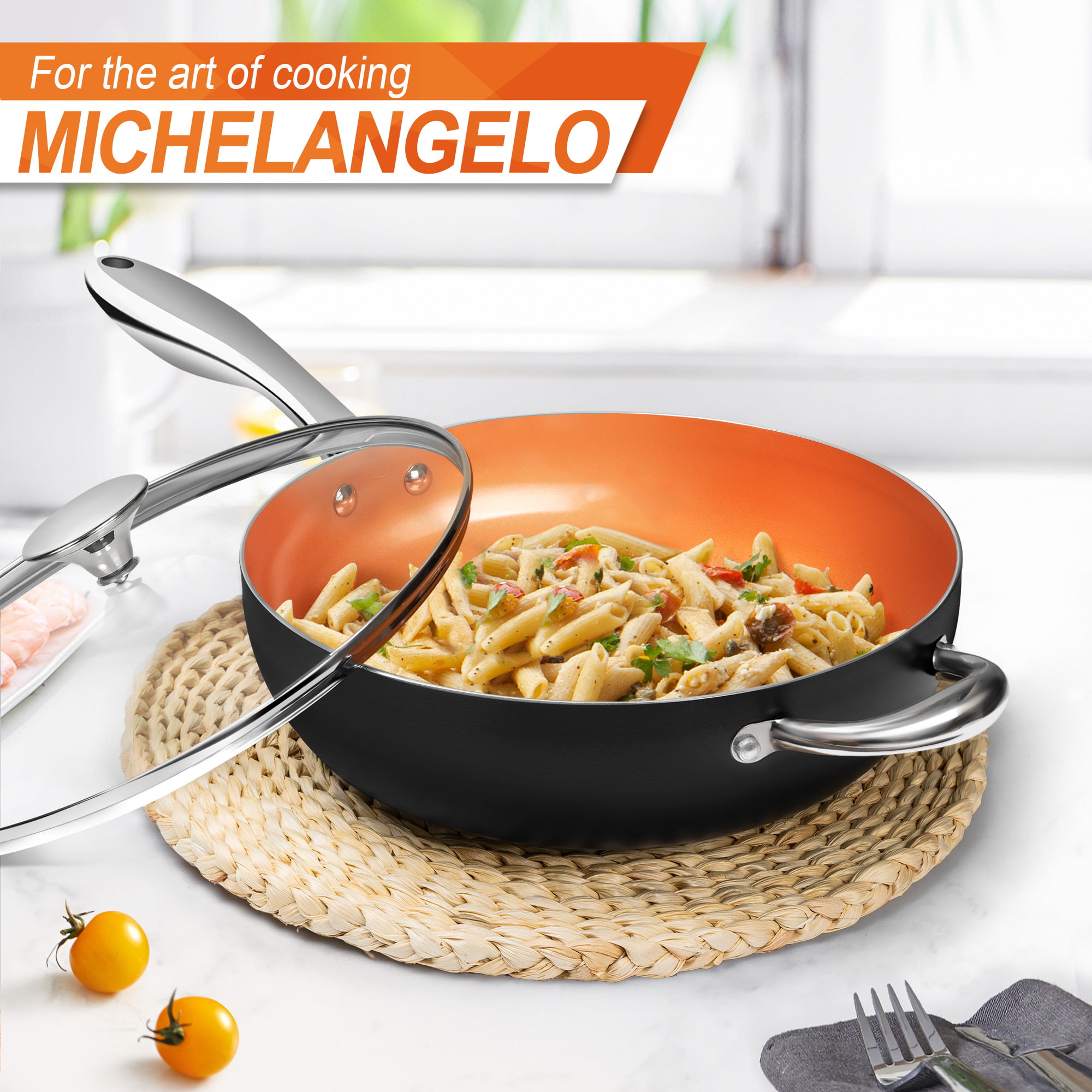 Michelangelo Wok Pan with Lid, 125 inch Stainless Steel Wok with Lid, Woks & Stir-Fry Pans with Honeycomb Coating, Nonstick Wok