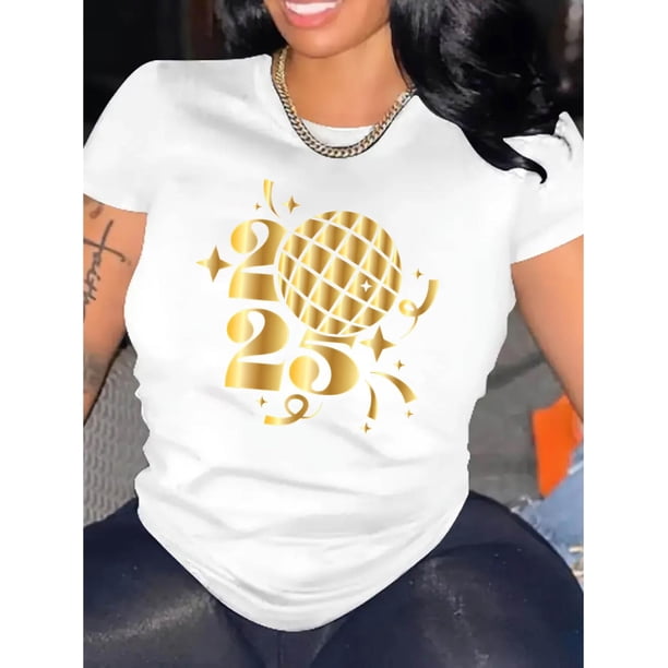 Camiseta estampada de fuegos artificiales de moda 2025 para mujer: cuello redondo, manga corta, cómoda camiseta de verano de mezcla de algodón, lavable a máquina, para uso diario | Diseño festivo | Co