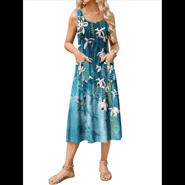 Vestido de Verano para Mujer, Sin Mangas, Floral, con Cuello Redondo, Cintura Alta, Corte A, Midi y Bolsillos Flores Blancas L