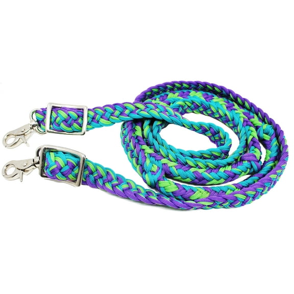 Horse Roping Knotted Tack Western Barrel Reins Nylon Braided Lime Purple 607482