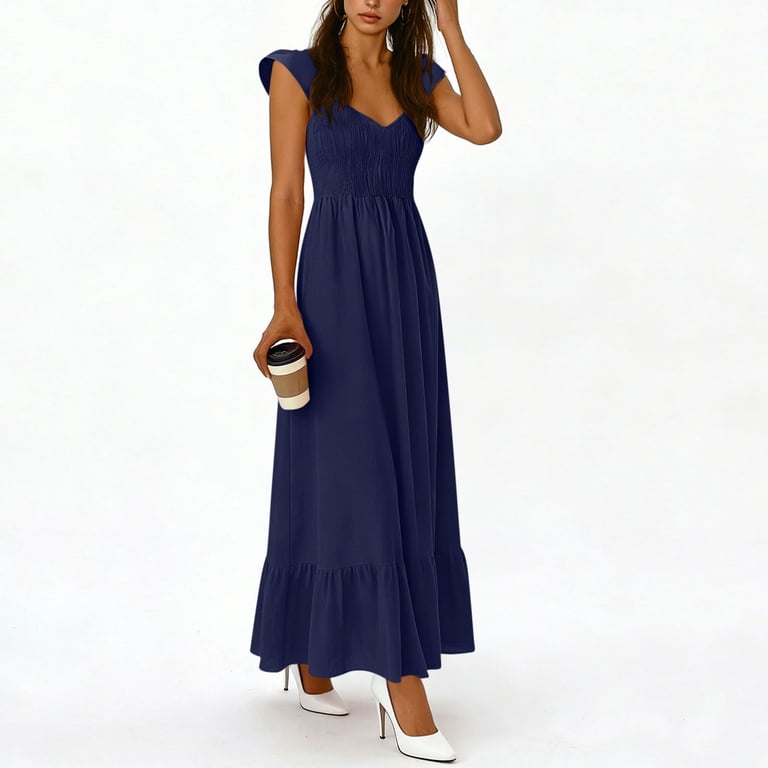 Sentmoon Cute Dress Dresses for Women 2026 Summer Solid Color Sleeveless V Neck Pleated Breathable Regular Fit Birthday Dress for Business and Casual