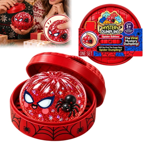 Spider Dumplings Mystery Fidget Toy, Red Glitter Squeeze Stress Relief Ball with Spider Pattern Steamer Case, Slow Rebound TPR Sensory Toy for Halloween Holiday Novelty Gift