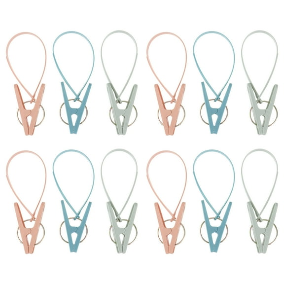 HERFIER 12pcs Plastic Windproof Clothespins with Rope Multifunction Portable Clothes Clips for Towel Sock Underwear (Mixed Colors) 2.36x0.59x1.38in