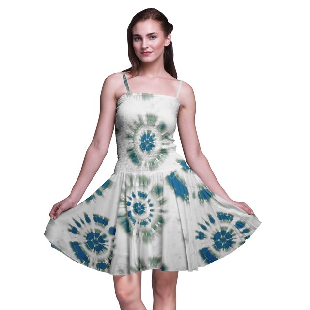 Bimba Robe d'Été Sans Manches Mini Fluide Teinture sur Nœuds pour Femme, Robe Soleil à Imprimé Floral - Très Petit