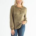 thumbnail image 2 of Womens L/XL Olive Green Abstract Print Brushed Jersey Tie Front Keyhole Long Sleeve Top by Howard's, 2 of 4