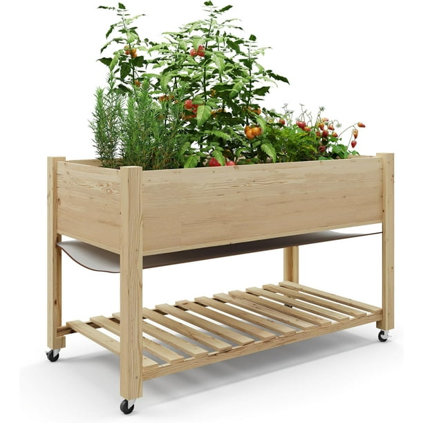 Garvee Cama de Jardín Elevada de Madera Macetero Elevado de Madera de 48x24x30", Color Natural