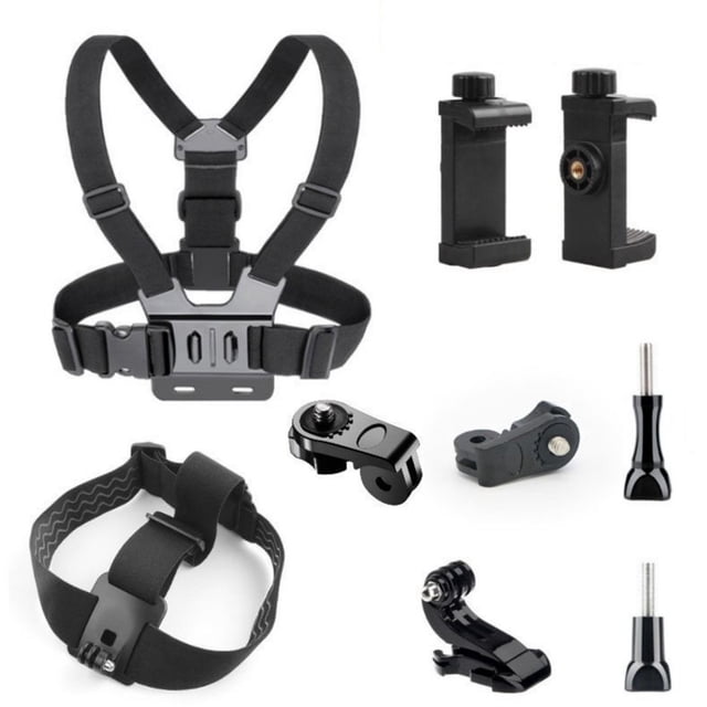 9-in-1 Universal Chest Mount Harness - for Action Camera & Smartphone - Includes Head Mount - Stabilizing Chest Strap - Compatible with GoPro, iPhone, Android - Black