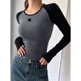 thumbnail image 3 of Women'S Long Sleeve Shirts Slim Fit Stretchy Color Block Slightly Cropped Tops Dark Gray Stars XL, 3 of 5