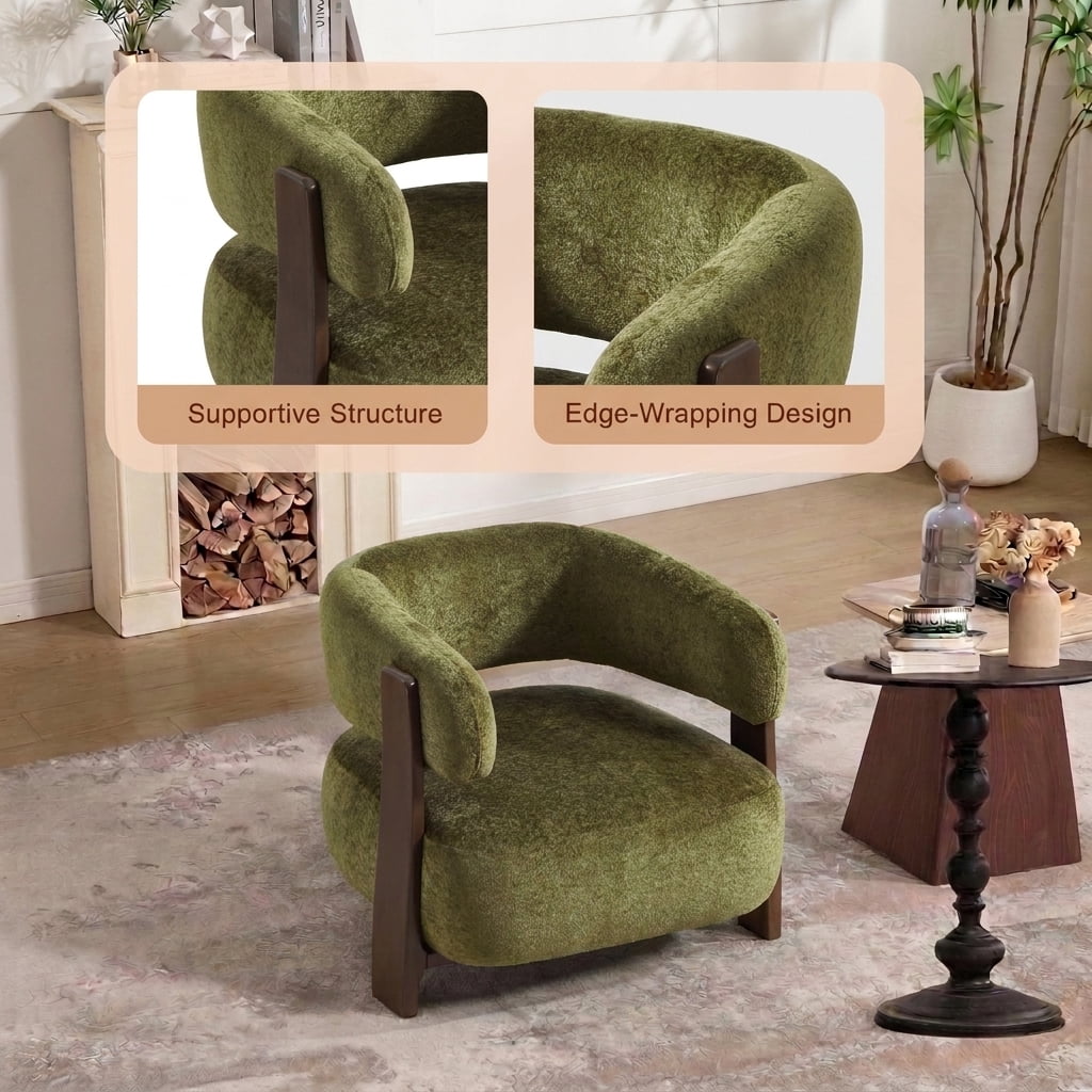 MOONMISS Boucle Accent Chair with Solid Wood Frame, Curved Arm Barrel Chair for Living Room, Bedroom & Office,Green