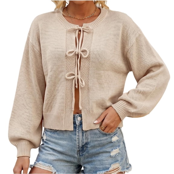 Admvng Women's Knit Cardigan Bow Tie Front Bubble Rib Cuff Cropped Long Sleeve Sweater Jacket