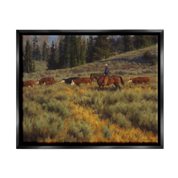 Cowboy Leading Cattle Meadow Animals & Insects Painting Jet Black Framed Art Print Wall Art