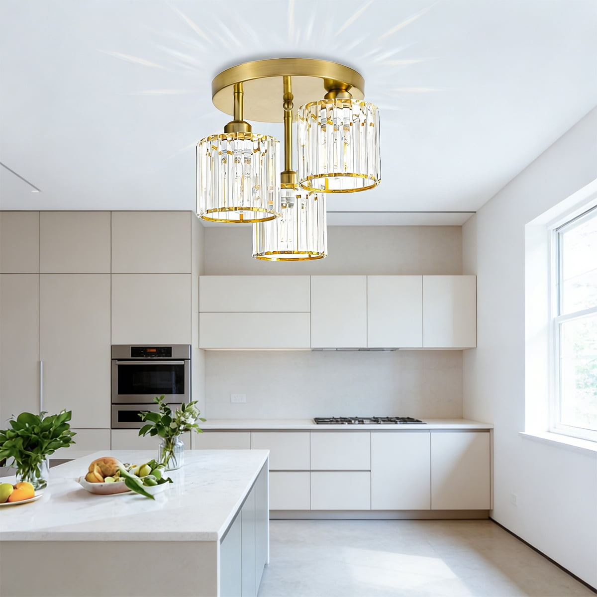 Crystal Semi Flush Mount Ceiling Light, 3-Light Close to Ceiling Light Fixtures, Modern Light Fixtures with Clear Crystal Shade, for Hallway Foyer Entryway Bedroom Kitchen, Gold