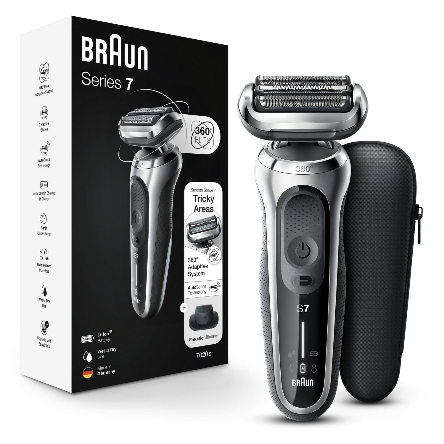 Braun Series 7 7020s Rasoir Électrique pour Hommes avec Tondeuse de Précision, Humide & Sèche, Rechargeable, Rasoir à Grille Sans Fil, Argent