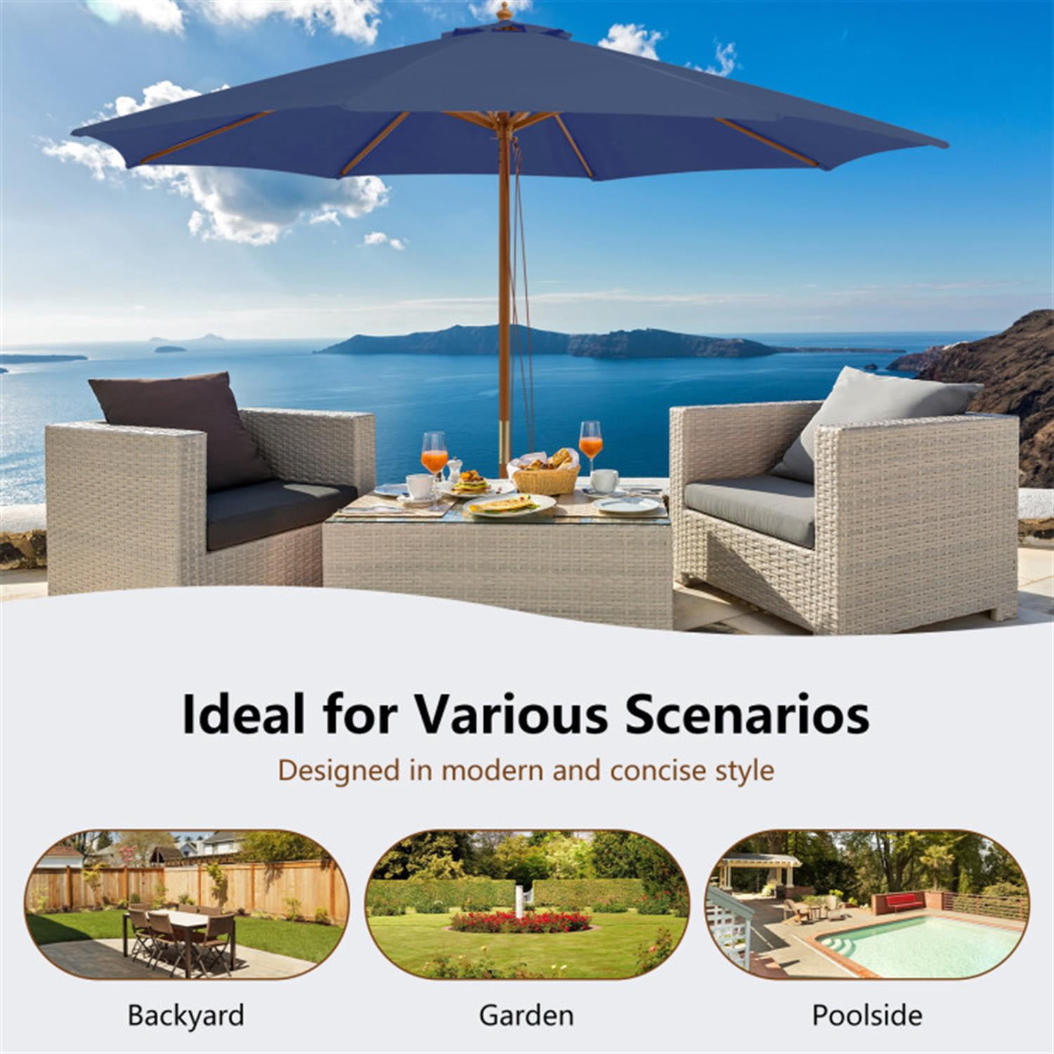 Demi Bonn 10 Feet Patio Umbrella with 8 Wooden Ribs and 3 Adjustable Heights, Outdoor Table Umbrella, Yard Umbrella, Blue