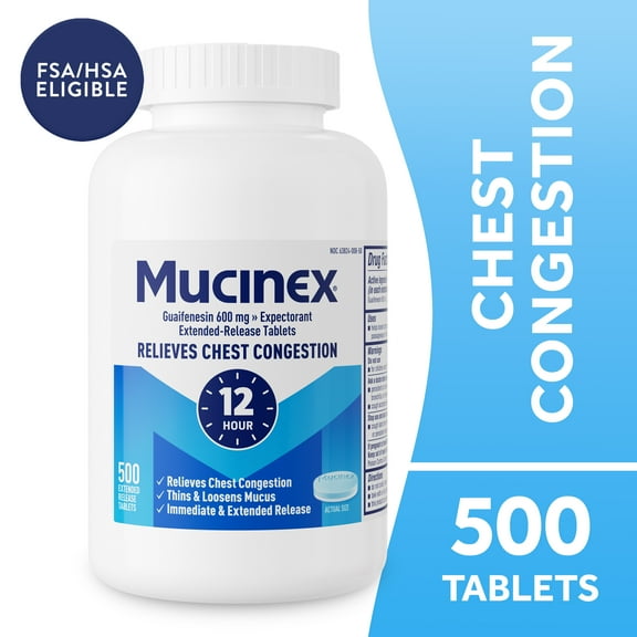 Mucinex 12 Hour Expectorant, OTC Medicine for Excess Mucus Relief, Chest Congestion, 500 Tablets