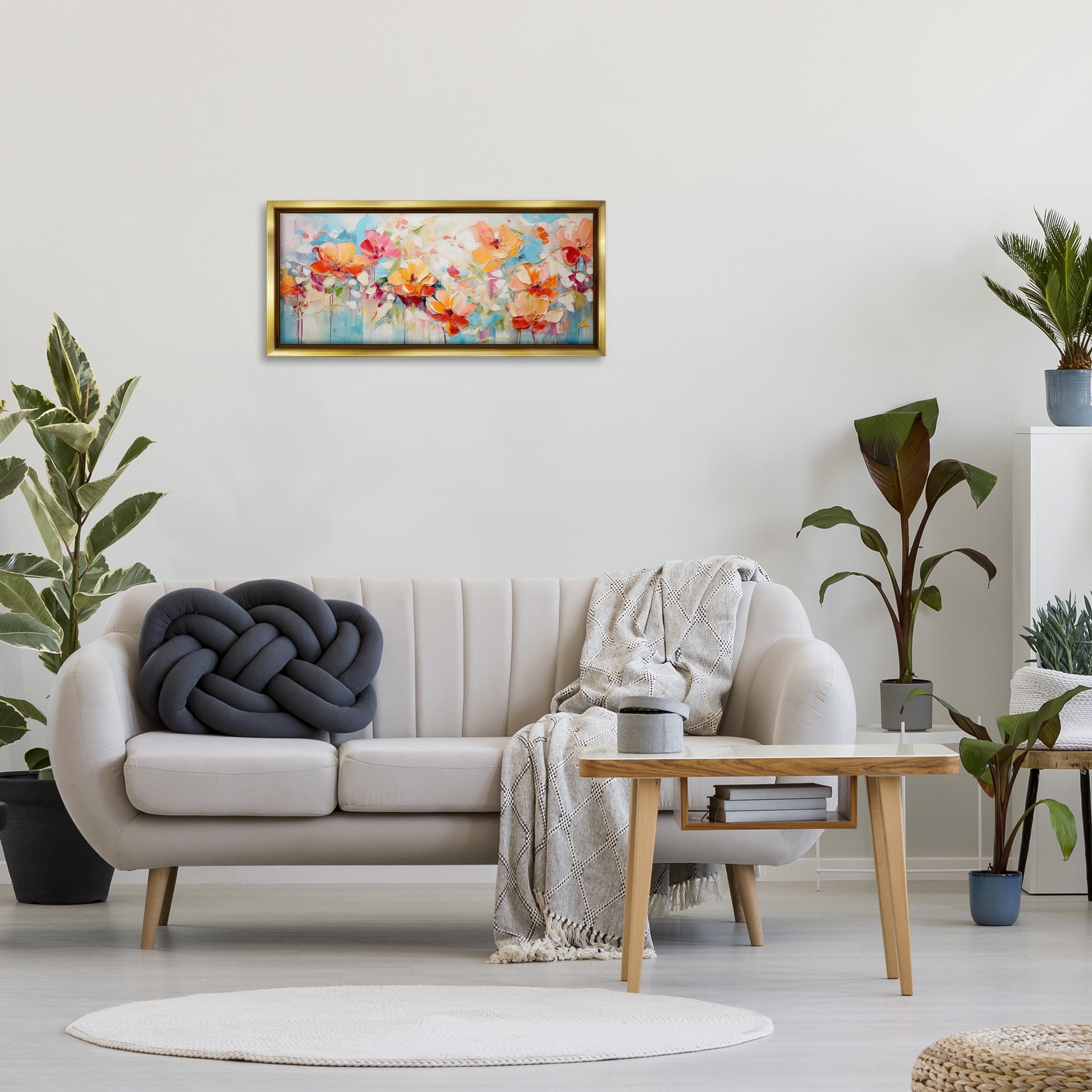 Stupell Industries Flowers with Paint Drip Botanical & Floral Painting Gold Floater Framed Canvas Art Print Wall Art, 31 x 14