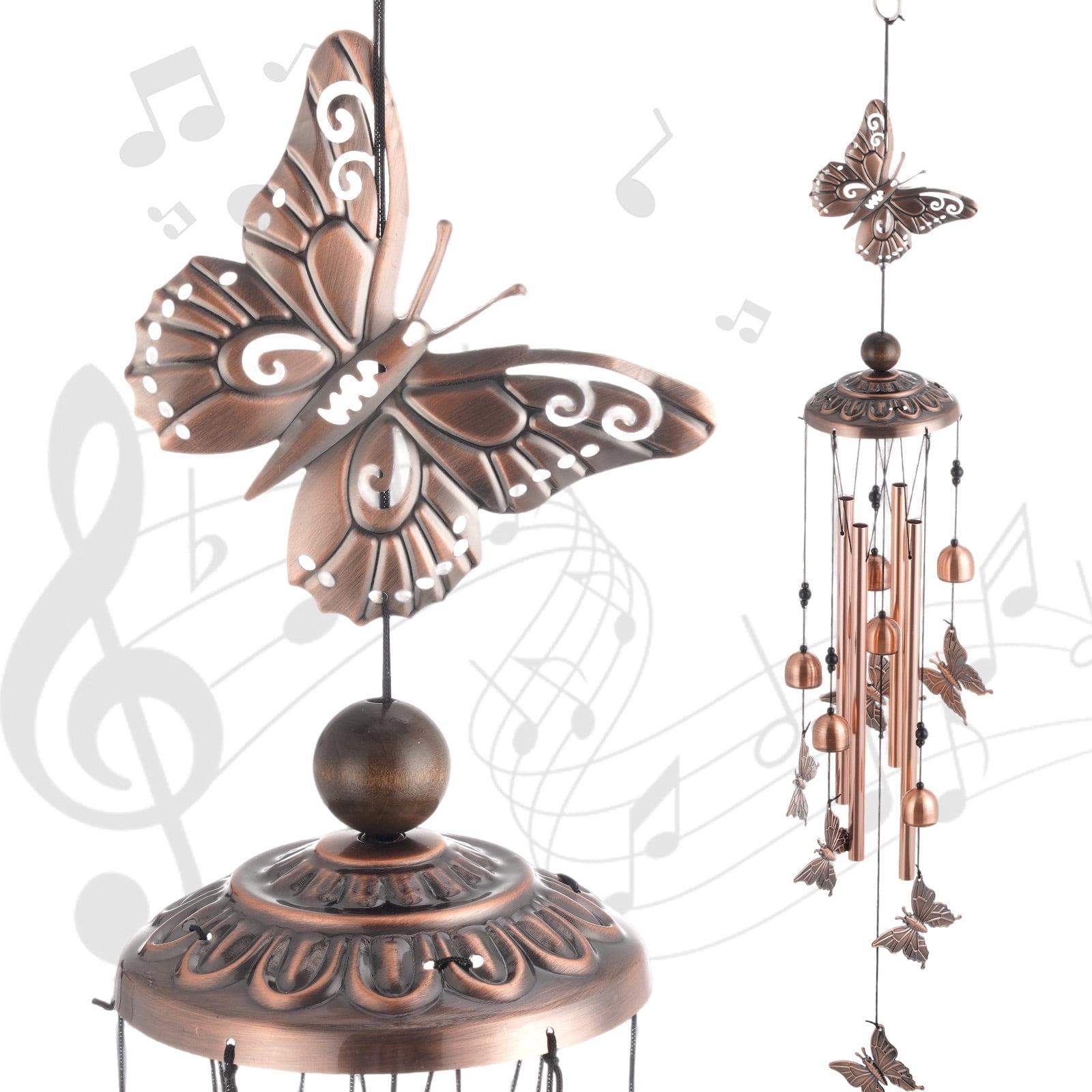 BSHAPPLUS® 35" Butterfly Wind Chimes for Outside,Bronze Copper Vintage Wind Chime with 4 Tubes 5 Bells 7 Butterflies,Metal Decorative Wind Chimes for Garden Patio Porch,Memorial Gift for Mom Grandma