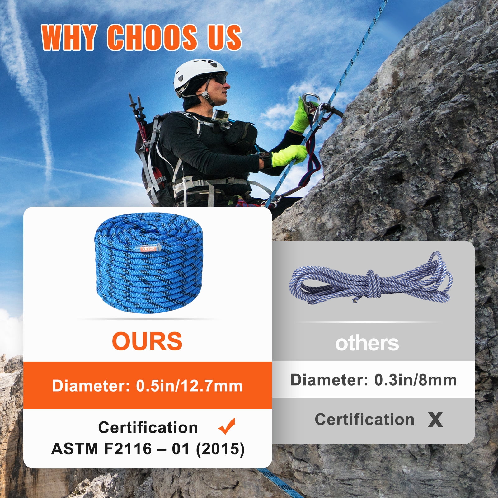 VEVOR 12.7mm Static Climbing Rope, 38M(125ft) Outdoor Rock Climbing Rope 30KN Breaking Tension, Fiber Rope with Steel Snap Hooks for Escape, Rappelling, Fire Rescue, Blue