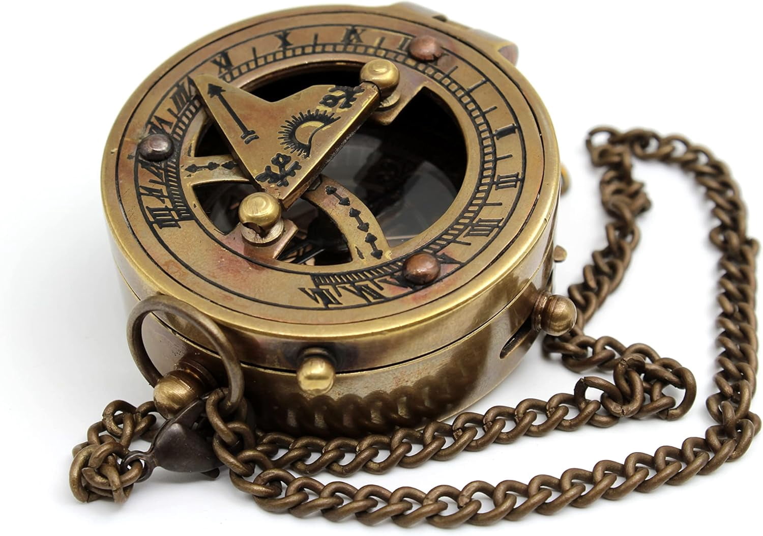 Brass Sundial Compass - Portable, Durable - Ideal for Camping, Hiking, Boating - Unique Home Decor - Jeweled Compass Needle