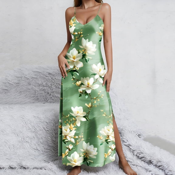 PNTUTB Summer Women's Fashion Print Casual V Neck Sleeveless Strapless Comfortable Split Hem Ankle Length Dress