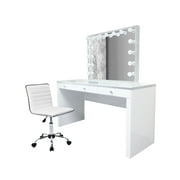 Glam Mirrors Crystal Makeup Vanity Set - Includes Dimmable Crystal Hollywood Mirror   Chair   Makeup Table with Three Drawers