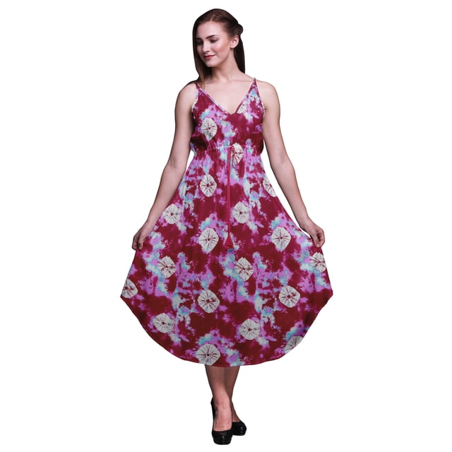 Bimba Robe Midi Bohème Sans Manches Imprimée Teinture sur Nœuds pour Femmes - Moyen
