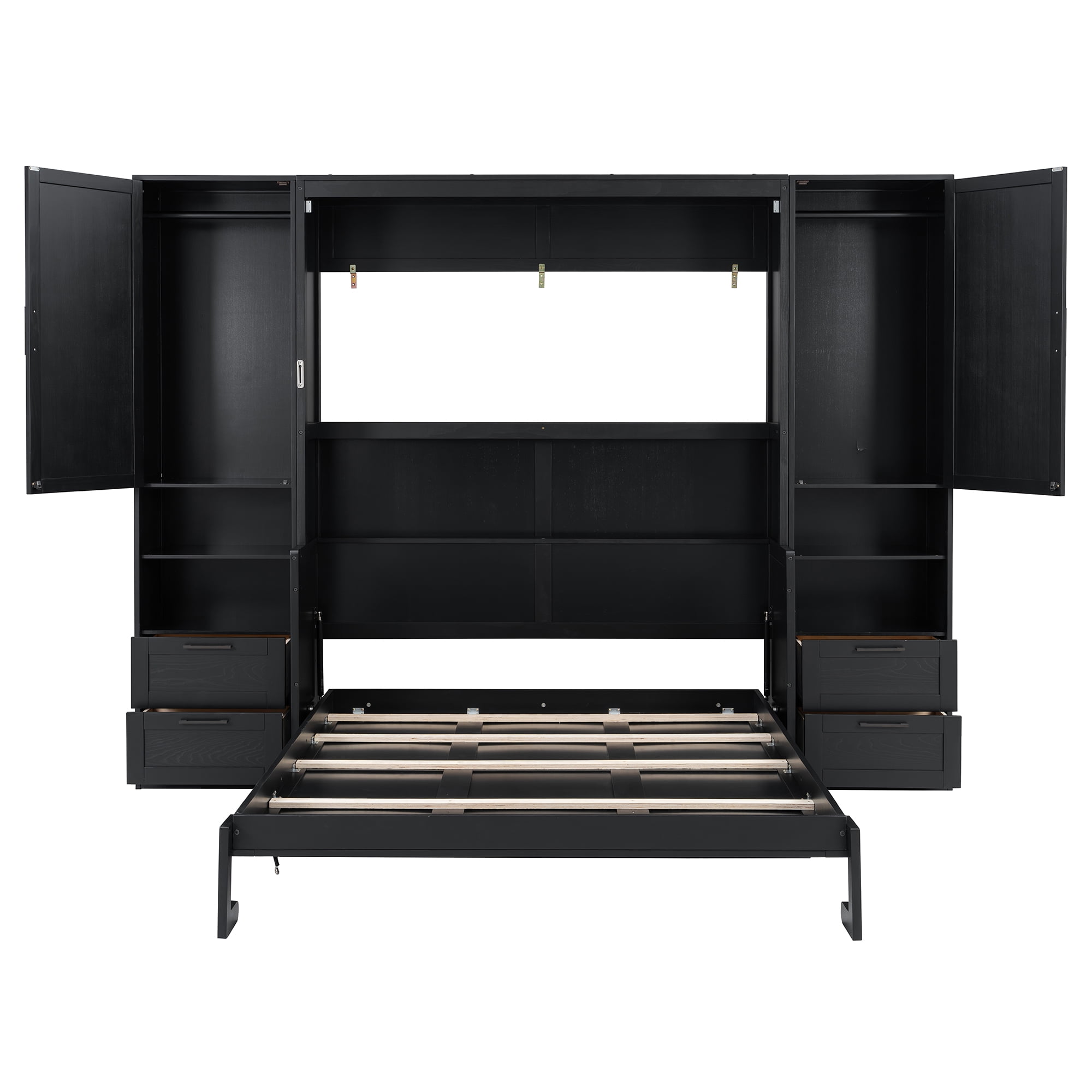 Aukfa Queen Size Murphy Bed with Closet, Desk, Drawers & Shelves, Space-Saving Wall Bed Cabinet for Small Spaces, Studio, Home Office & Guest Room, Black