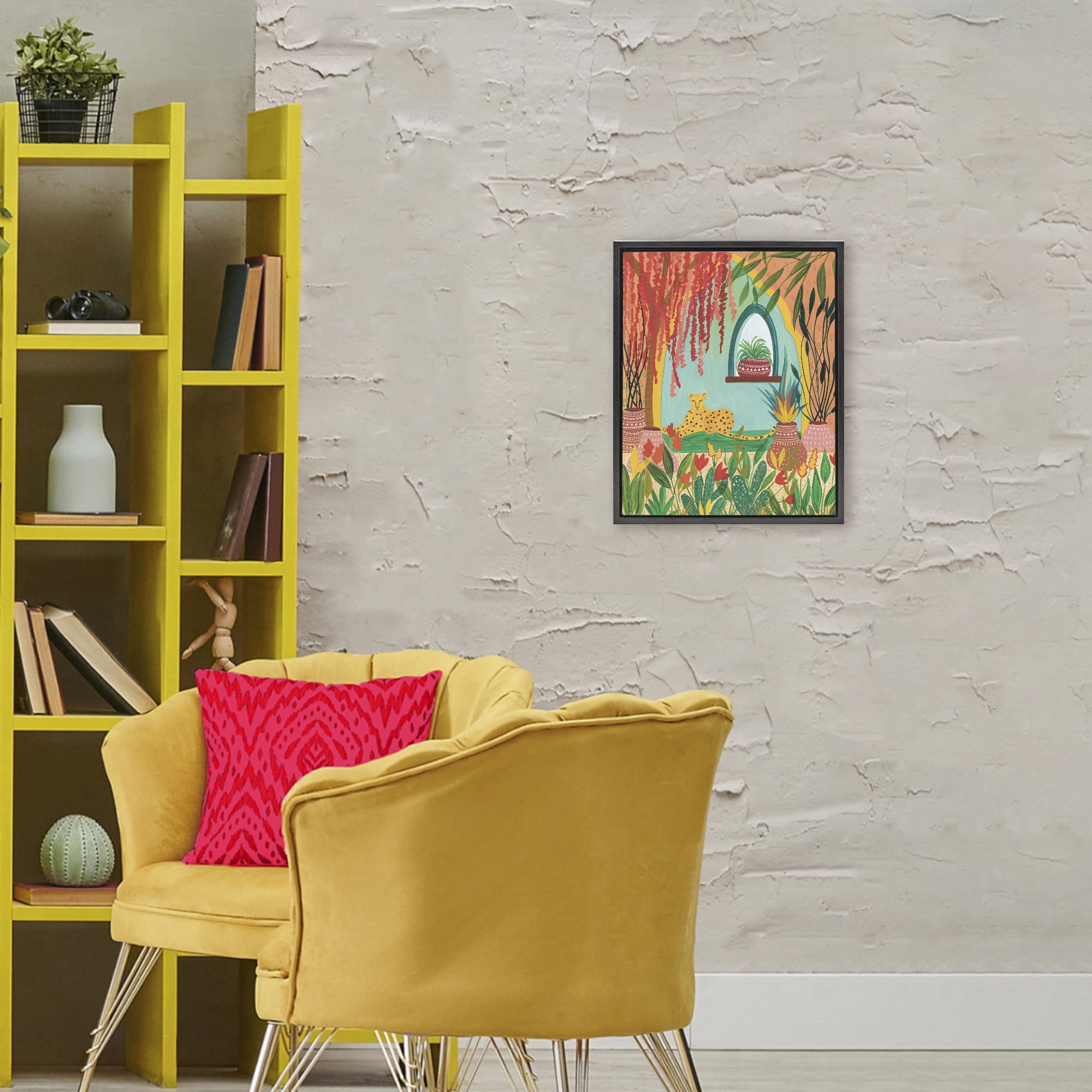 Lone Leopard Among Botanicals Black Framed Floater Canvas Wall Art, design by Nabeela Rumi