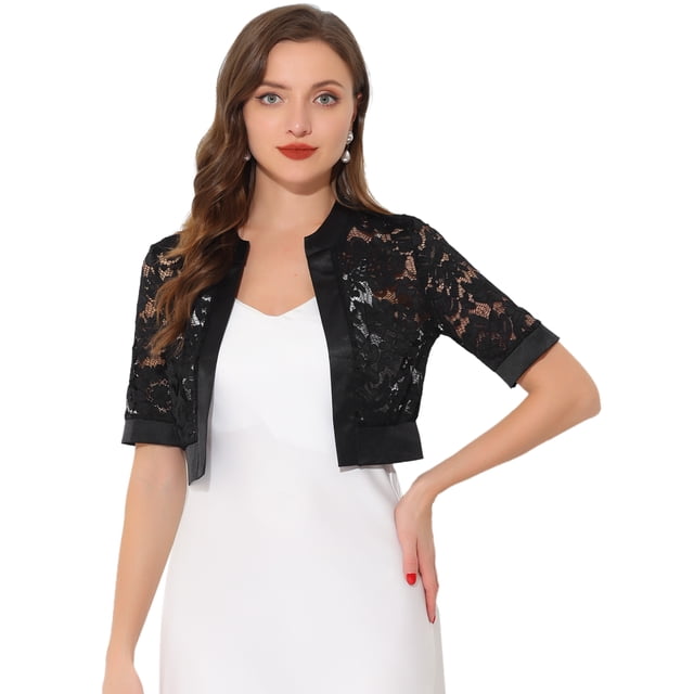 Bolero de encaje con hombros descubiertos para mujer, cárdigan corto con parte delantera abierta y panel de satén Negro XL