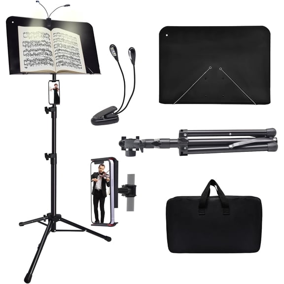 Sheet Music Stand with Light and Phone Holder, 57" Portable Music Stand for Sheet Music High Stability, Height Adjustable Music Stands with Carrying Bag(33-57inch, Plate without hole)