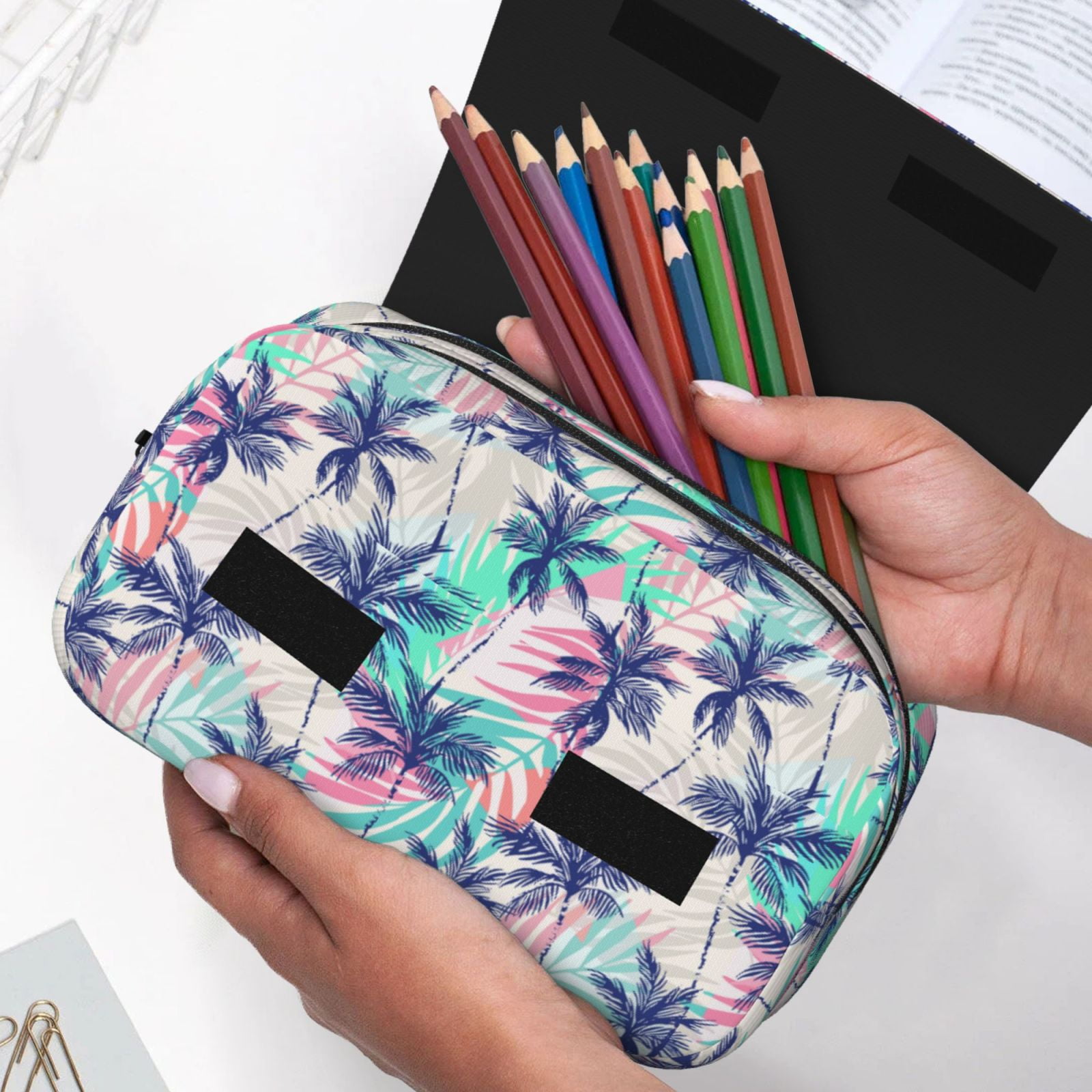 Rateoe Palm Leaves Pattern Double Clamshell Pen Case, Storage Organizer with Two Zipper Compartments– Holds Up to 50 Pencils & Pens