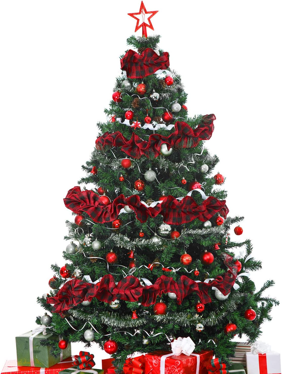 6PCS Plaid Christmas Tree Garland Rustic Craft Garland Christmas Tree Ribbon for Christmas Crafts Decoration, Floral Bows Craft, 9 Feet