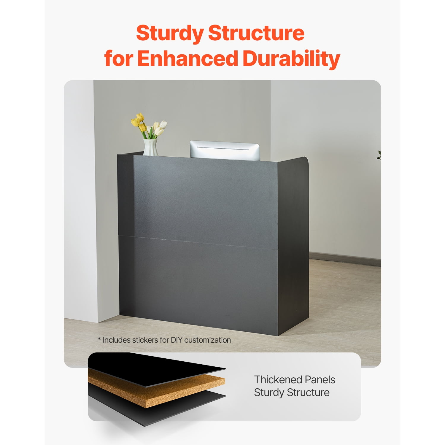 KFFKFF Front Desk, Dimensions 47.24 x 18.9 x 39.37 inches, Rectangular Counter Table, Comes with Secure Drawer and Storage Cabinet, Suitable for Cashier, Lobby, Beauty Parlor and Office, Color Black