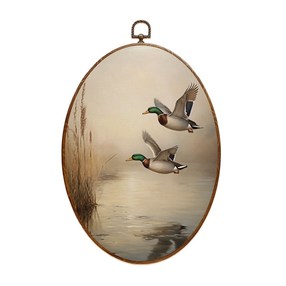Canvas Wall Art Vintage Mallard Duck Hunting Countryside Wildlife Nature Pond Oval Framed Canvas Prints Hunting Theme Wall Hanging Decor for Cabin Lodge 8.6"x11.4"