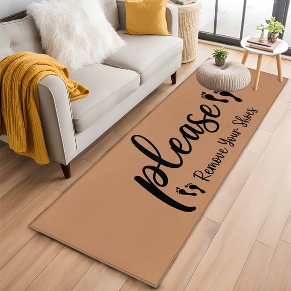 Runner Rug 2 x 6 Ft, Footprint Washable Non-Slip Floor Mat for Kitchen Hallway/Entryway, Vintage Brown Black Please Remove Your Shoes Long Kitchen Runner Area Rugs for Living Room, Low-Profile