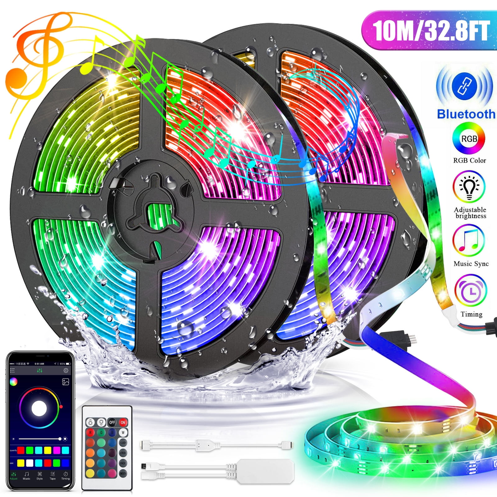 100ft Waterproof LED Strip Lights with Remote, SMD 5050 RGB Color Changing Music