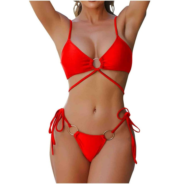 KIHOUT 2025 Women's Triangle Thong Backless Strap Bikini Set Sexy String Two Piece Swimsuit Cute Bathing Suit for Beach Pool Party